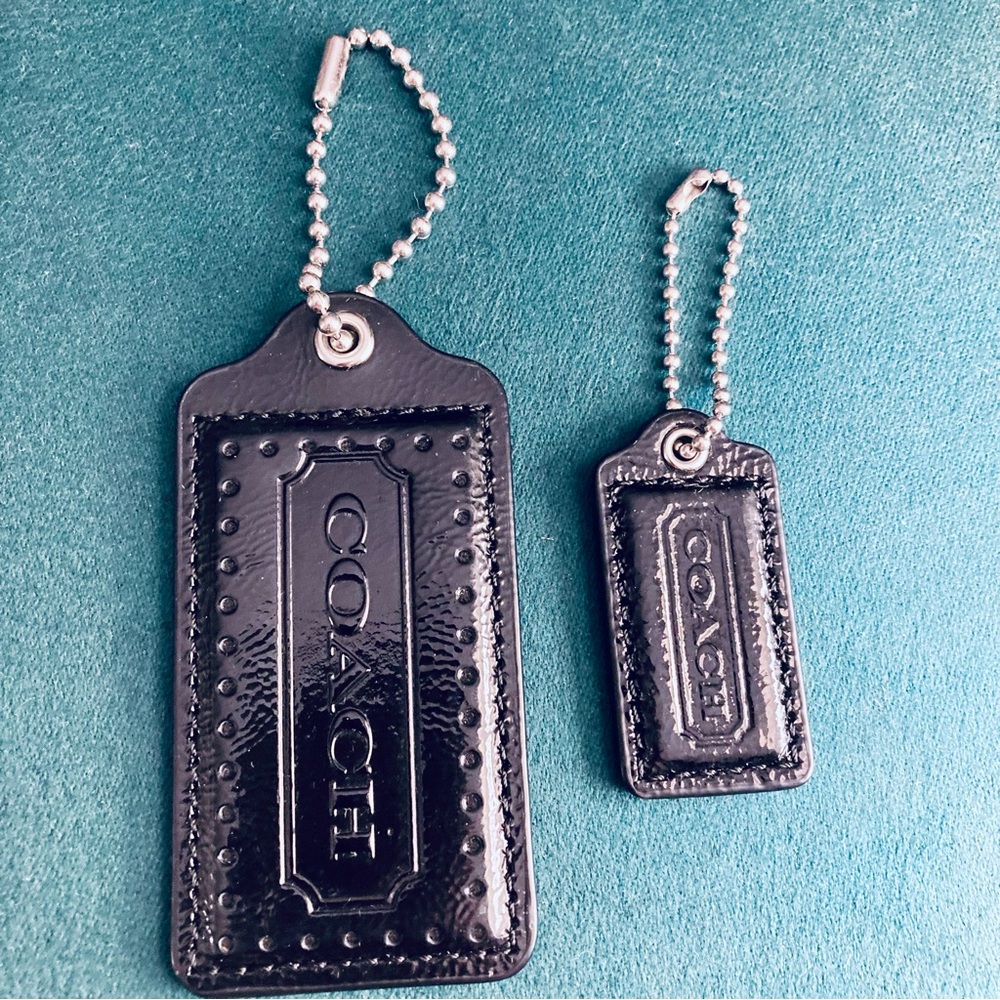 Vintage Coach Black Patent Leather Replacement Hang Tags Two Y2K Bag Charms Lot - Picture 3 of 17
